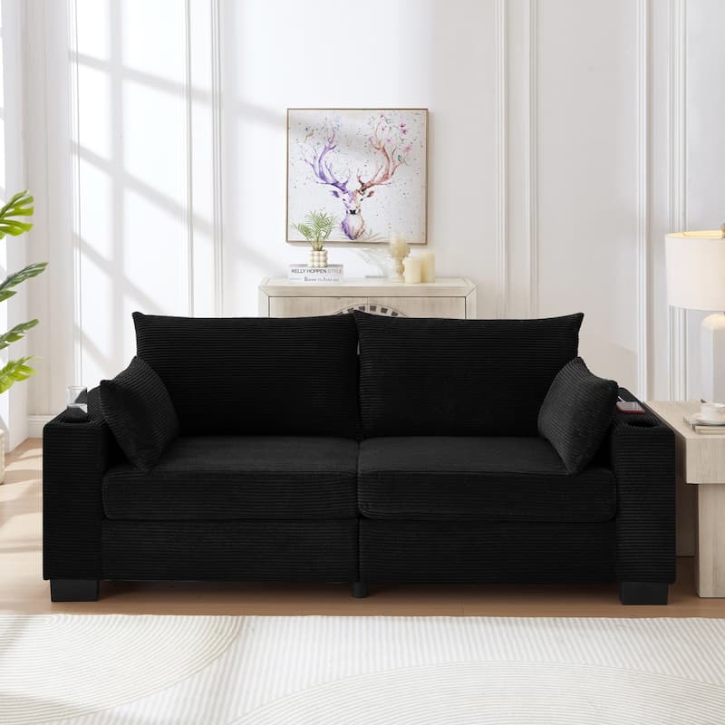 78" Corduroy 3-Seater Sofa with USB Ports, Cup Holders and Side Pockets
