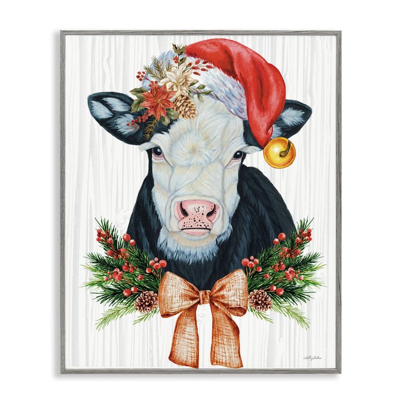 Stupell Festive Cow in Christmas Hat Framed Giclee Art Design By Ashley Justice - 11 x 14 - Grey