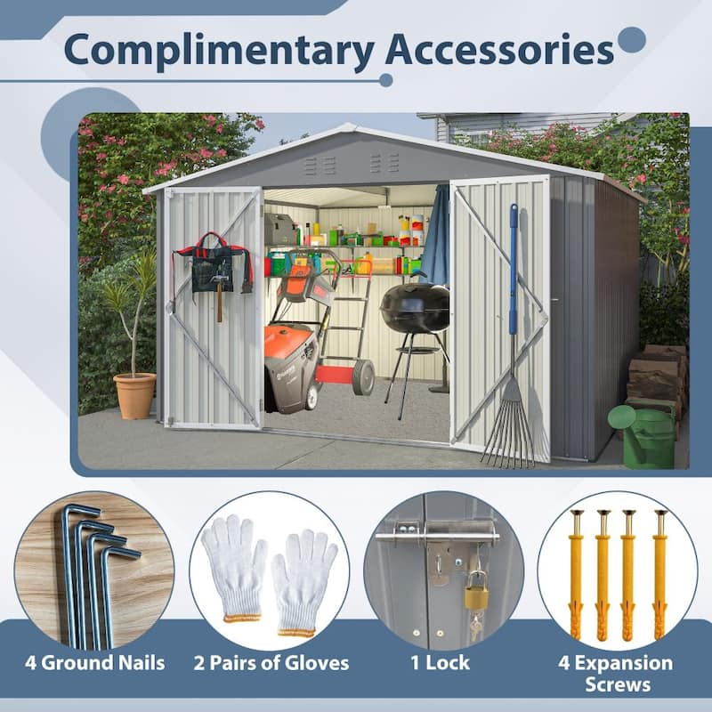 Outdoor Storage Shed, All Weather Metal Sheds with Lockable Doors, Tool Shed