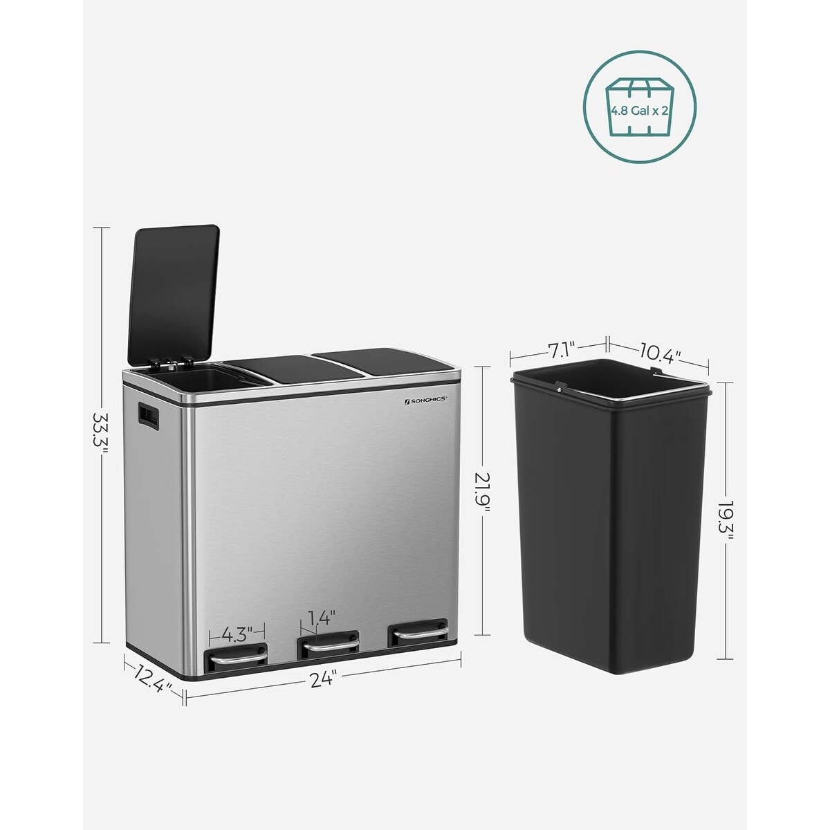 SONGMICS Trash Can, 14.4 Gallon Garbage Can, Stainless Steel