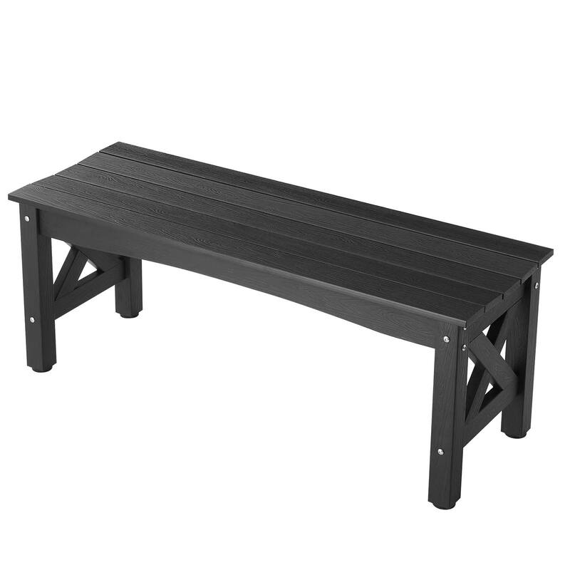 Black Plastic Backless Garden Bench with Cross-Leg Design for Comfortable 2-Person Seating - 44.5” x 15.7” x 17.1”