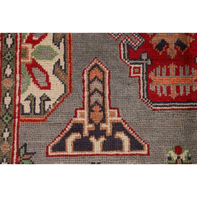 Gray Geometric Kazak Oriental Accent Rug Handmade Wool Carpet - 3'4"x 4'10"