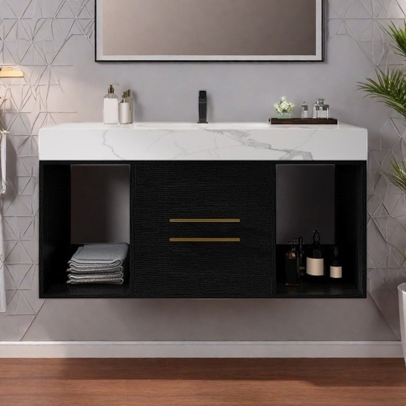 39.4'' Wall Mounted Floating Bathroom Vanity with Sintered Stone Top, 2 Drawers & Open Storage Compartments, Gold Metal Handles