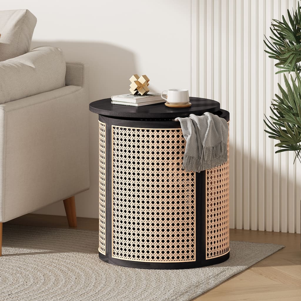 15.70" Round End Table, Hollow Woven Side Table, Small Rubber Wood Nightstand, Rattan Woven Tea Desk