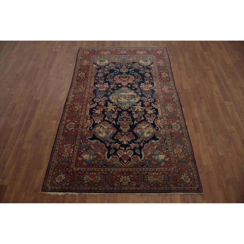 Hand Knotted Oriental 100% Wool Carpet Traditional Floral Navy Blue & Blues Kashan (Dabir) Area Rug - 7' 1'' X 4' 2''
