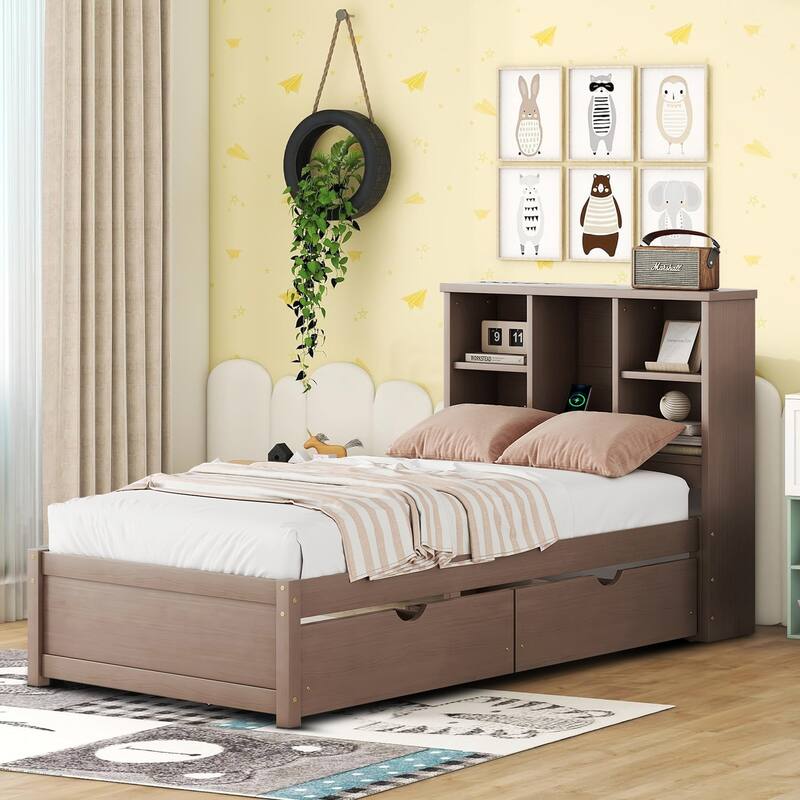 Contemporary Multifunctional Twin Size Wooden Platform Bed Frame - Walnut
