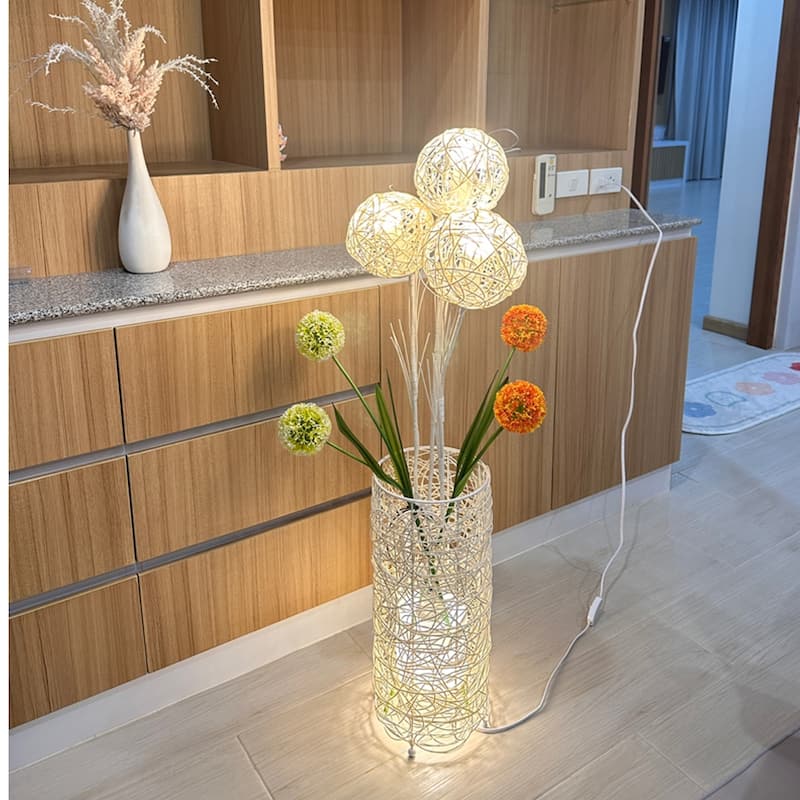 Floor Lamp Pastoral with Hand-Woven Flower Rattan Art Lamp - 8 in. x 8 in.x 43 in.