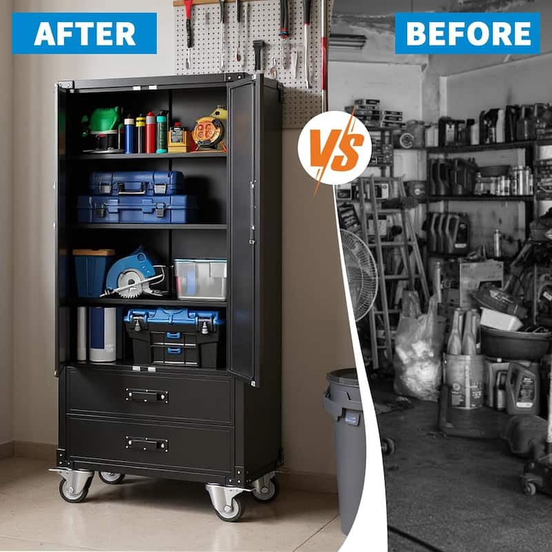Heavy-Duty Metal Garage Storage Cabinet with Drawers & Lockable Wheels - N/A