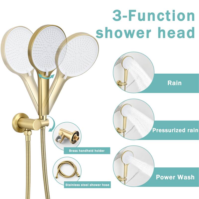 Luxury 3-Function Shower System Set - Solid Brass Control Valve, 10" Overhead Shower, 3-Spray Handheld