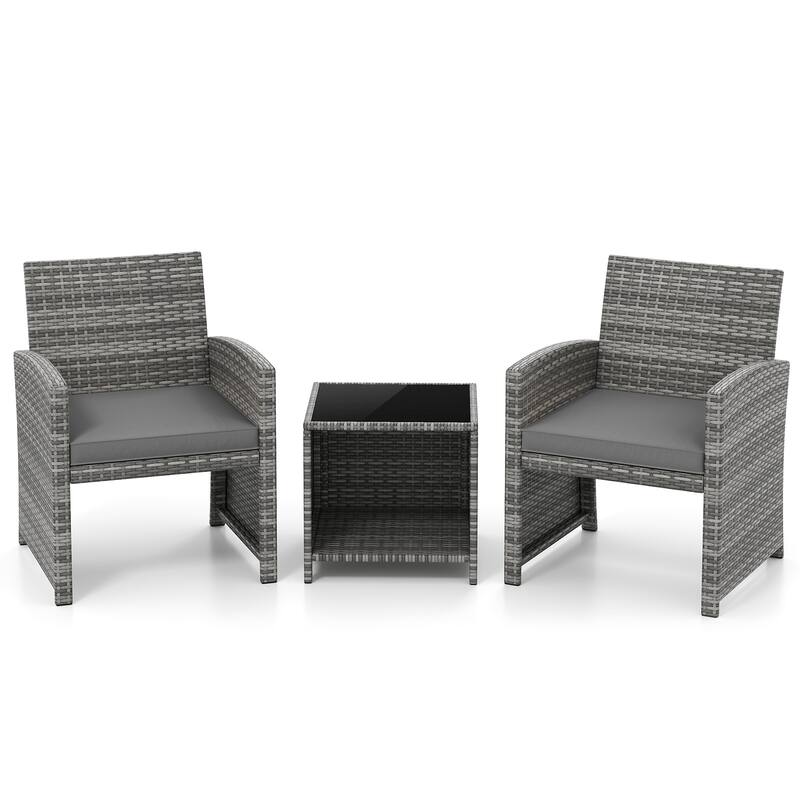 Gymax 3 Pieces Patio Furniture Set PE Rattan Chairs Set w/ Storage