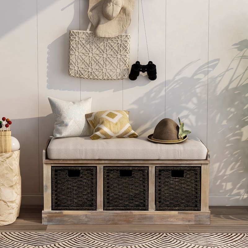 Entryway Storage Bench with 3 Removable Basket, Shoe Bench with Removable Cushion for Living Room, Entryway, Hallway
