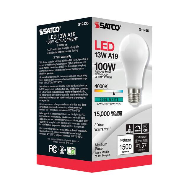 13.5 Watt LED A19 Soft White Medium Base 4000K 90 CRI 120 Volt - N/A