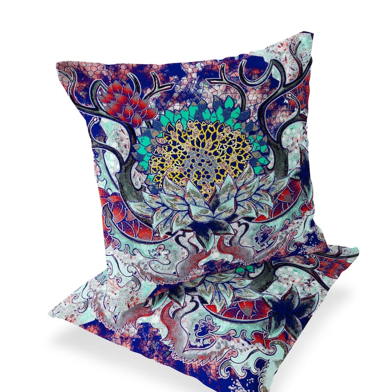 HomeRoots Set of Two 16" X 16" Blue and Green Blown Seam Floral Indoor Outdoor Throw Pillow - 16.00' X '16.00' X '5.00