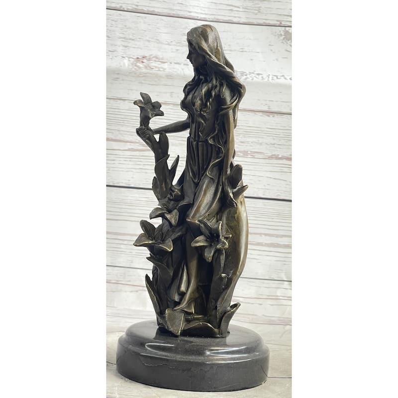 Nymph Girl Among The Flowers Bronze Sculpture Statue Figure On Marble Base