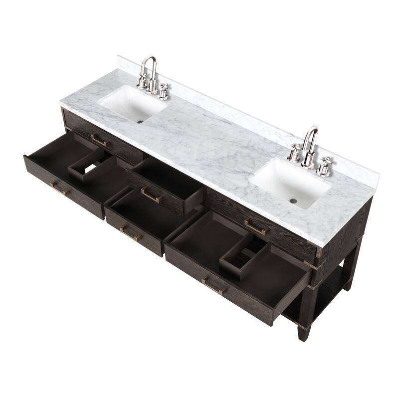 Lexora Norwalk Bath Vanity, Carrara Marble Top, Faucet Set, and Mirror