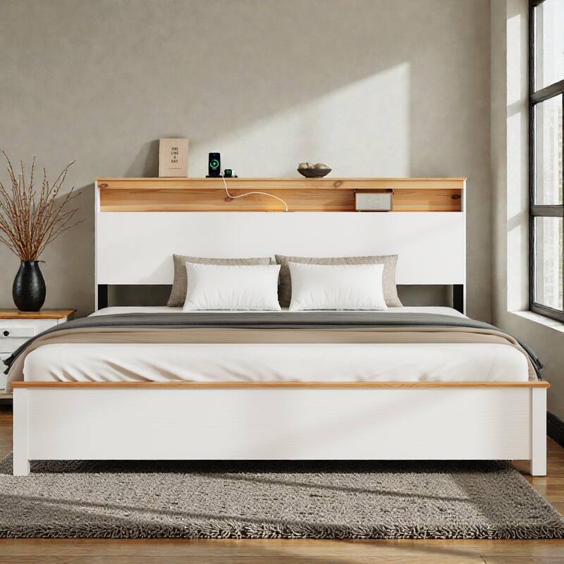 Rustic Wooden Bed Frame with Storage Headboard, LED Lights and Charging Station, Noise-Free Metal Slats, No Box Spring Needed