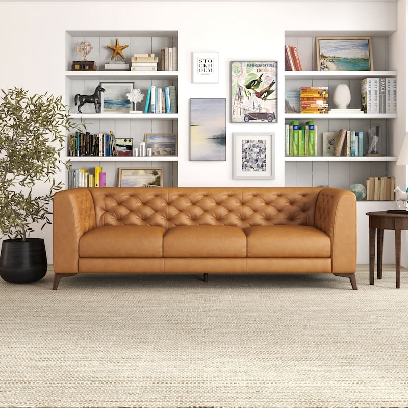 Florentina Mid Century Modern Chesterfield Genuine Leather Sofa in Cognac Tan