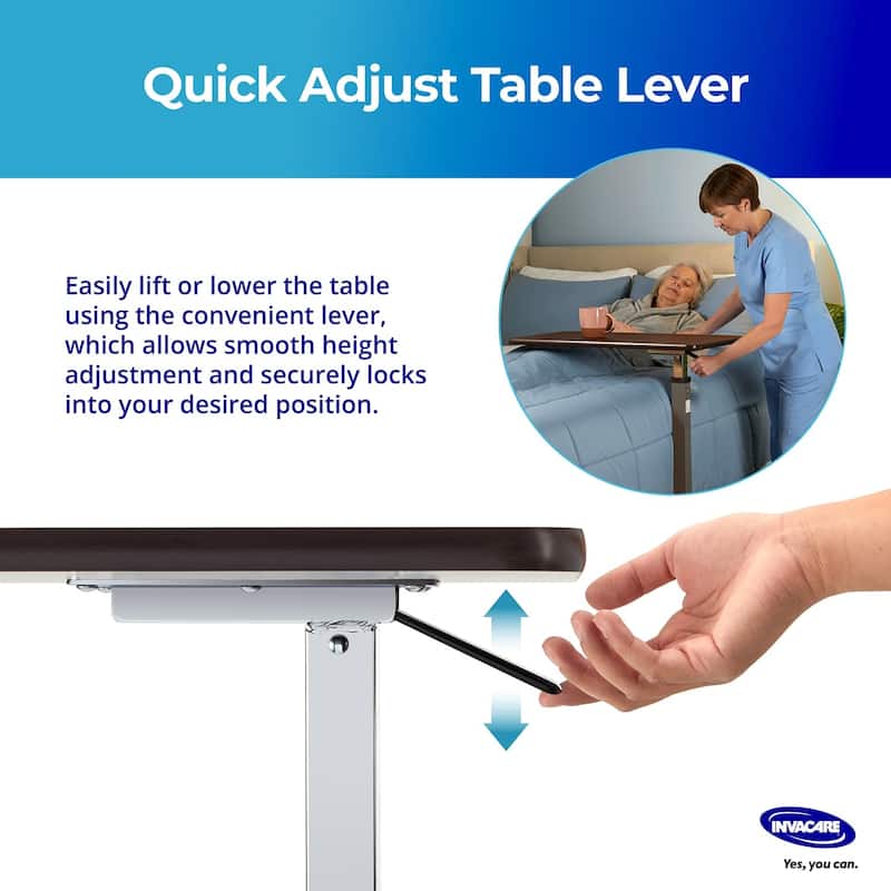 Invacare Adjustable Medical Bedside Table - Waterproof Rolling Hospital Tray Table with L-Shaped Base