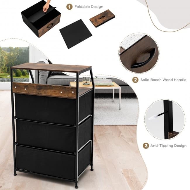 3 Drawer Storage Organizer Dresser with Wood Top and Sturdy Steel Frame-Rustic Brown