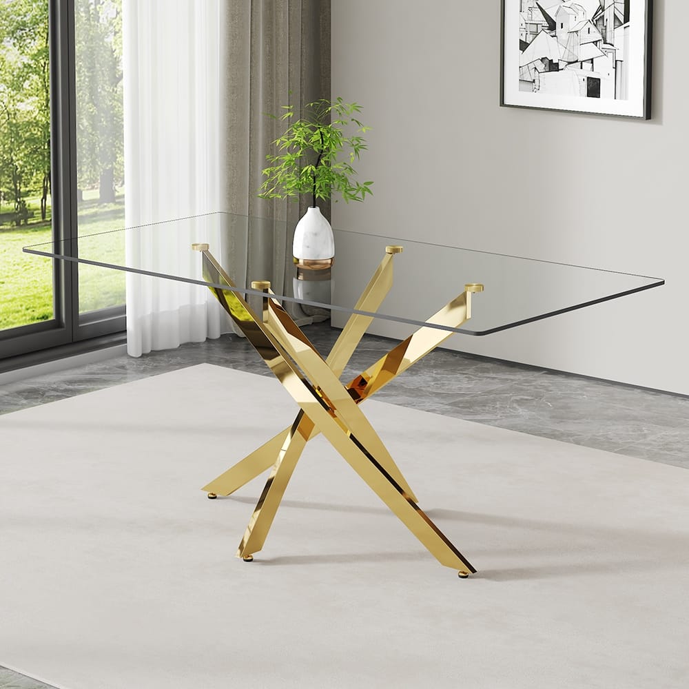Large Modern Minimalist Rectangular Glass Dining Table with 0.3"Tempered Glass Tabletop and Gold Metal Legs, for 4-6 people