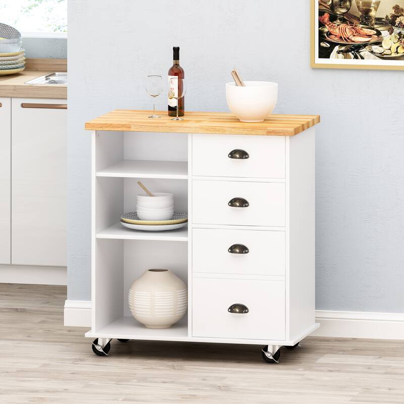Fixed Wheel Rolling Modern Kitchen Utility Cart with 2 Drawers, 1 Cabinet, 3 Shelves and Rubberwood Top, Gray