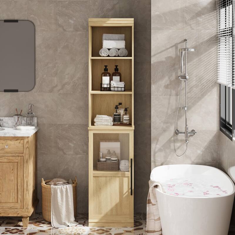 70 Inch Tall Narrow Storage Cabinet with Open Shelves for Small Spaces, Bathroom, Laundry Room Corner