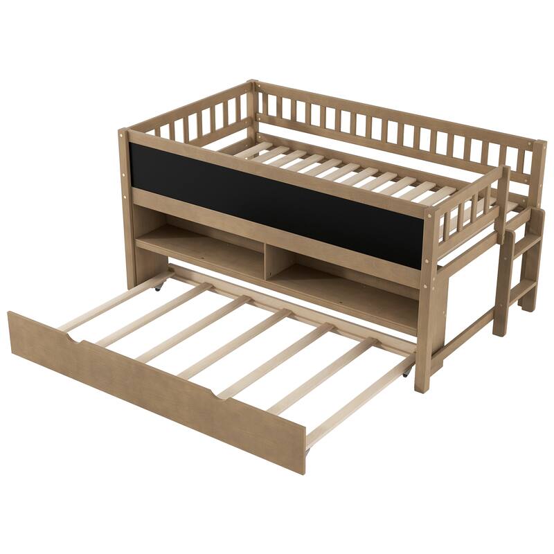 Twin Size Wood Low Loft Bed with Trundle, Storage Shelves & Blackboard