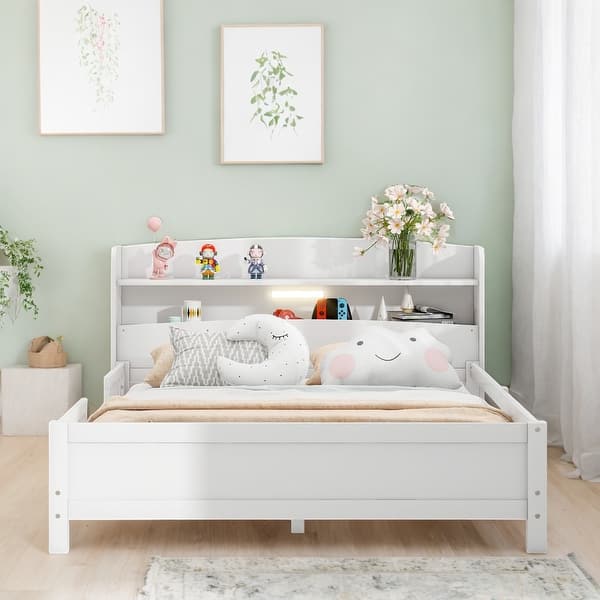 slide 2 of 23, Classic Full Size Platform Kids Bed Frame with LED Light, Multi-functional Storage Headboard and Safety Guardrail, White White