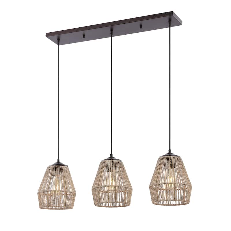 Ibiza Island 30" 3-Light Seagrass/Metal Bohemian Coastal LED Pendant, Oil Rubbed Bronze/Natural by JONATHAN Y