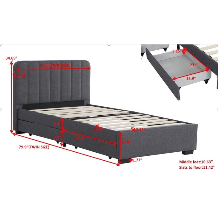 Linen Upholstered Platform Bed, Twin Size Storage Platform Bed Frame with 2 Drawers and USB Charging, Wood Slats Support
