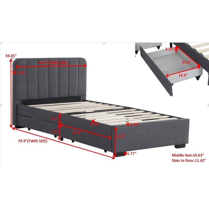 Twin Size Upholstered Bed Frame with 2 Storage Drawers, USB Charging, Wooden Slats, and Linen Fabric - No Box Spring Needed