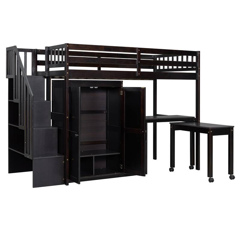 Space-Saving Twin Loft Bed with Stairs, Bookshelf, Drawers, Desk & Wardrobe for Kids & Teens