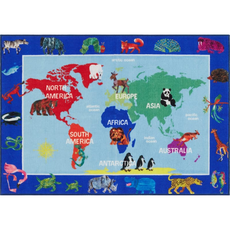 Eric Carle Elementary World Map Machine Washable Kids Area Rug - 4'11"x6'6" - Blue Multi - Rectangle