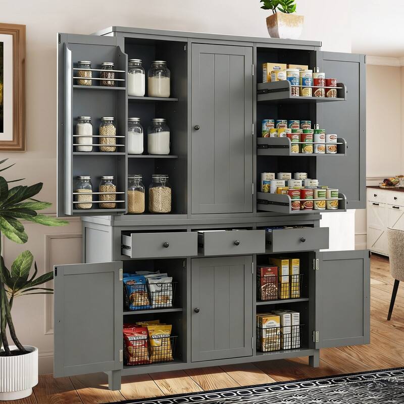 Farmhouse 74.8"Tall Freestanding Kitchen Pantry with Door Shelves,Adjustable Shelves, Pull-out Trays and Drawers - Grey