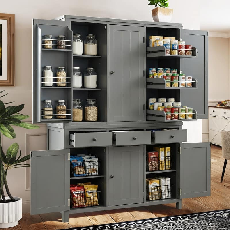 Farmhouse 74.8"Tall Freestanding Kitchen Pantry with Door Shelves,Adjustable Shelves, Pull-out Trays and Drawers