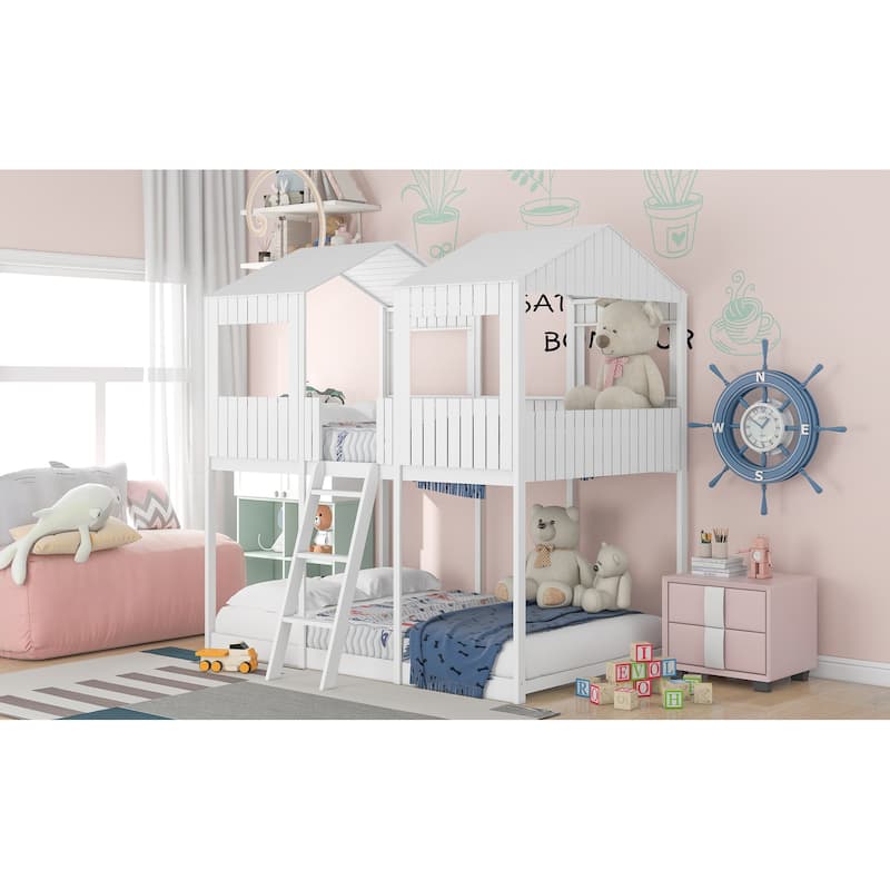 Full Over Full Wood Bunk Bed with Roof, Window, Guardrail, and Ladder in White