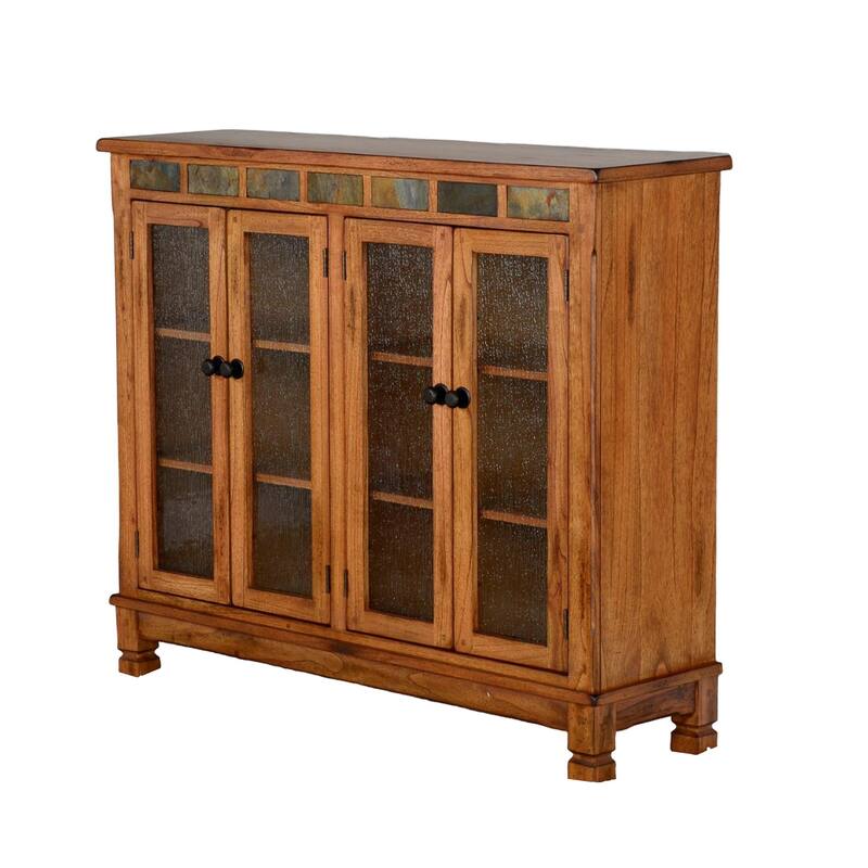 Marv Bookcase Cabinet, 4 Waterfall Glass Doors Slate Inlay Light Brown