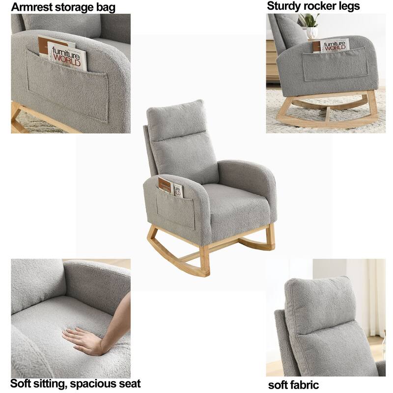 Grey Teddy Rocking Chair Side Chair Leisure Chair Lounge Chair with Side Pocket, Simple Arm Chair Office Chair