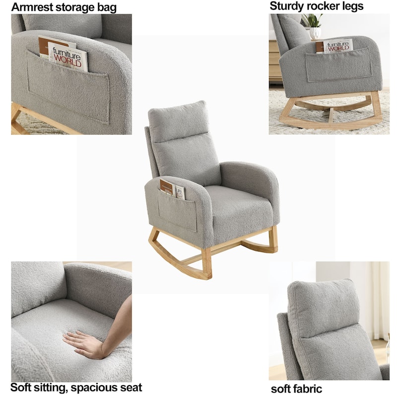 Roomfitters Modern Rocking Chair with High Back, Comfortable Armrests and Side Storage, Accent Lounge Chair for Living Room