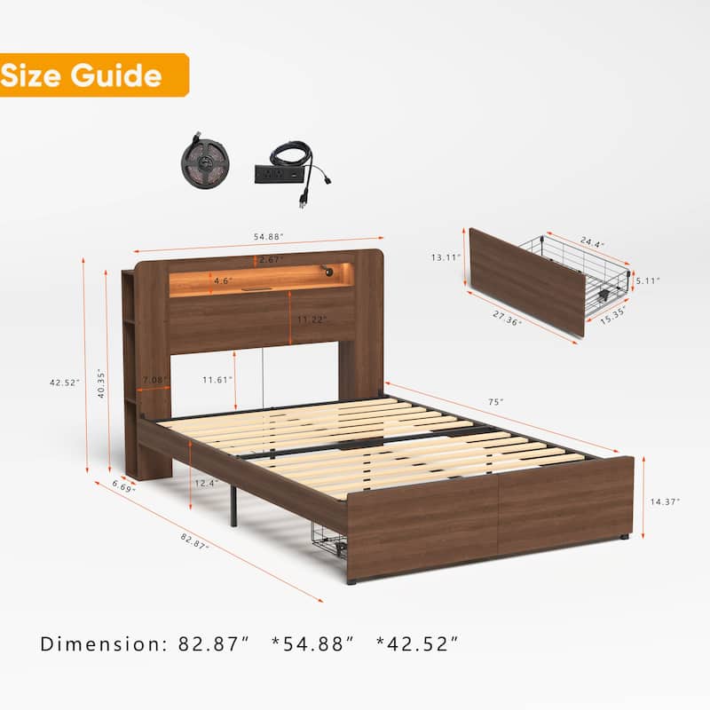 Farmhouse Brown Wooden Low Profile Platform Bed Frame with 2 Pull-out Drawers and Bookcase Storage Headboard Built-in LED Light