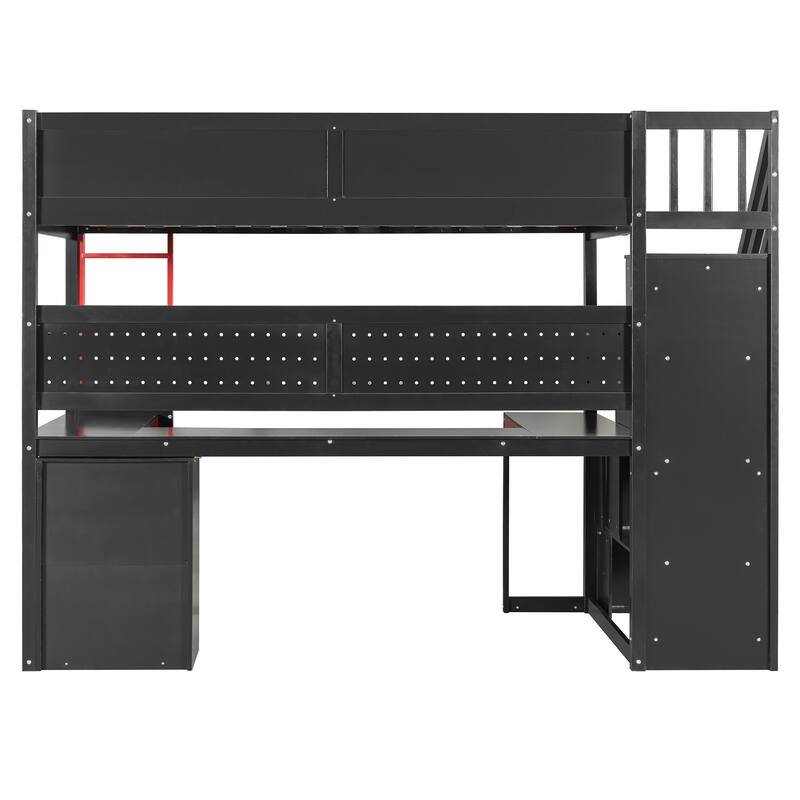 Gaming Loft Bed with Recessed Table Cabinet Pegboard Storage Stairs
