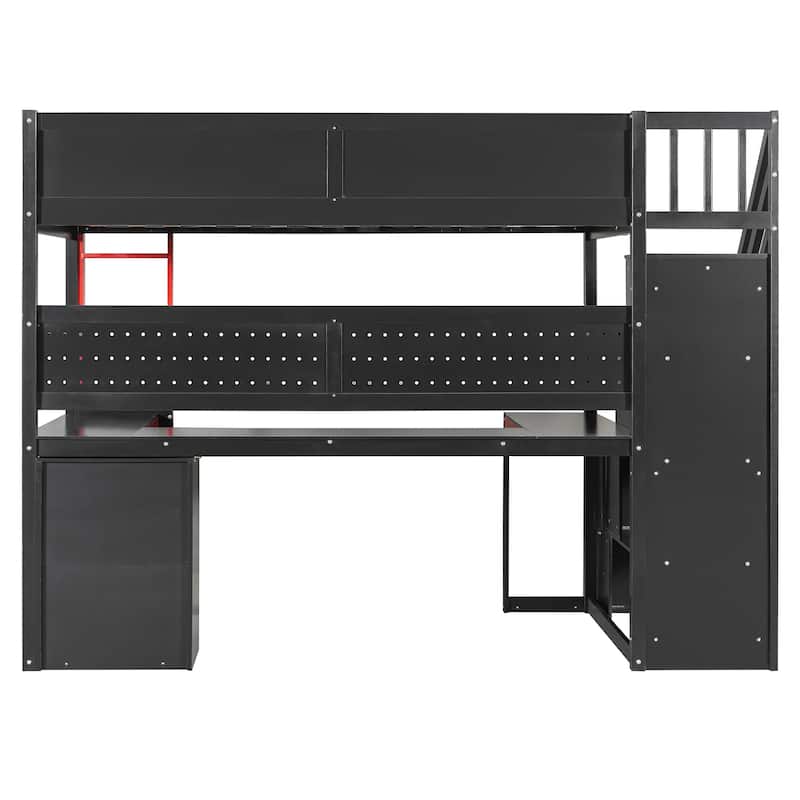 Gaming Loft Bed with Storage Stairs & Desk, Video Game Bed Wood Loft Bed Frame with Pegboard for Teens