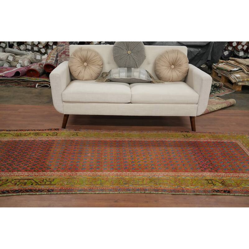Hand Knotted Oriental 100% Wool Carpet Traditional Geometric Oranges & Rust Botemir Runner Rug - 9' 10'' X 3' 6''