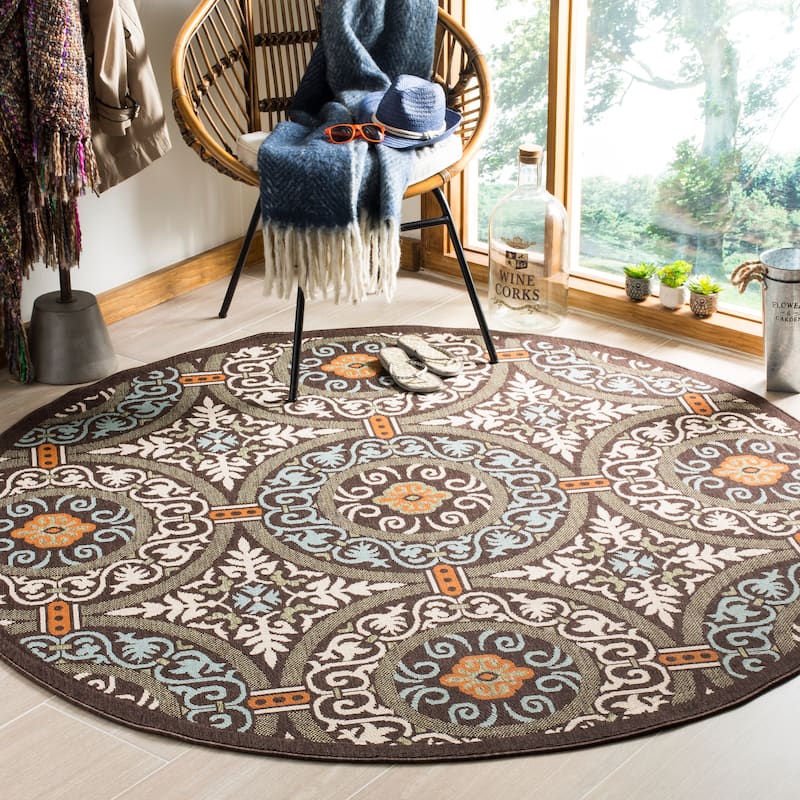 SAFAVIEH Veranda Rexhie Indoor/ Outdoor Waterproof Patio Backyard Rug - 3' x 3' Round - Chocolate/Aqua