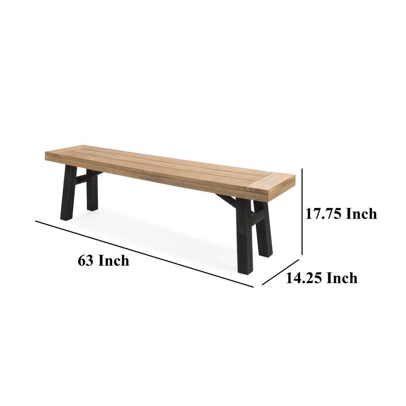 Wren Outdoor Bench with Slatted Top, 63 Inch Brown Acacia Wood, Black