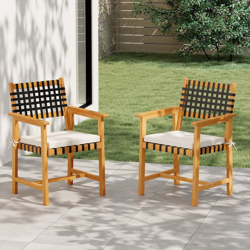 Natural-Off White Acacia Wood Outdoor Dining Chairs Set of 2 with Cushions - 23” x 22.5” x 34” (L x W x H)