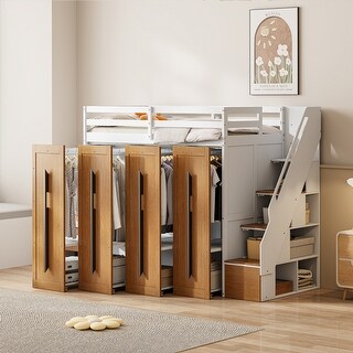 White Twin Size Solid Wood Modern Loft Bed with Storage Stairs