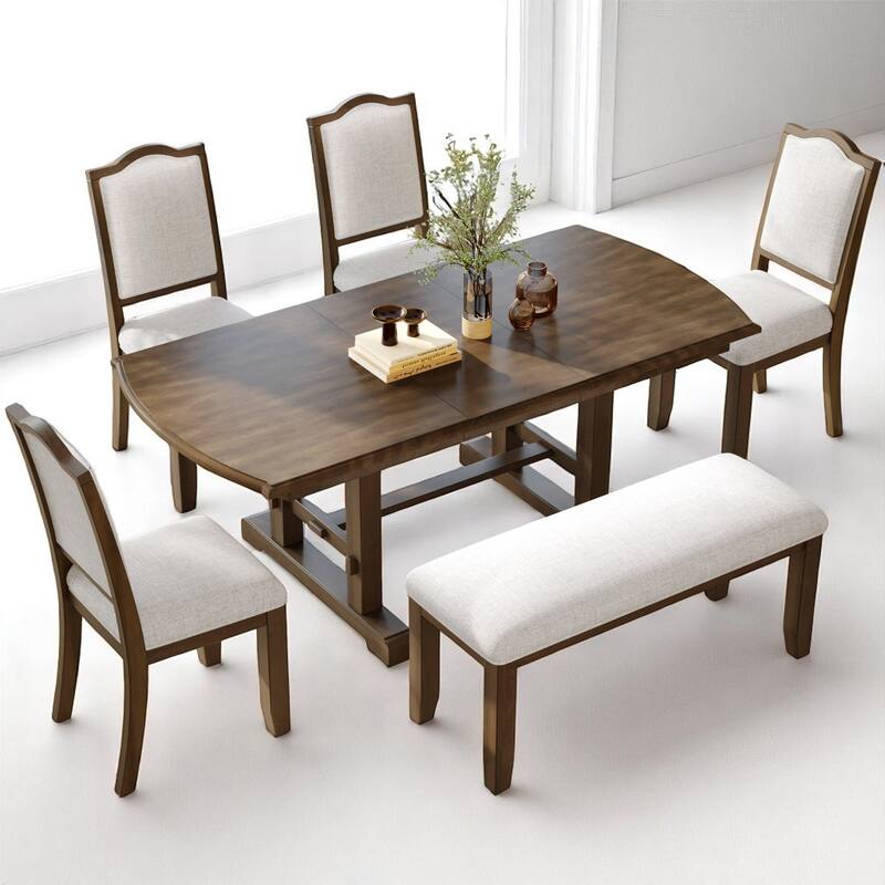 Extendable 6-Piece Dining Set with 78" Wood Table, 4 Upholstered Chairs, and Bench, Seats 6-8 Guests - Brown