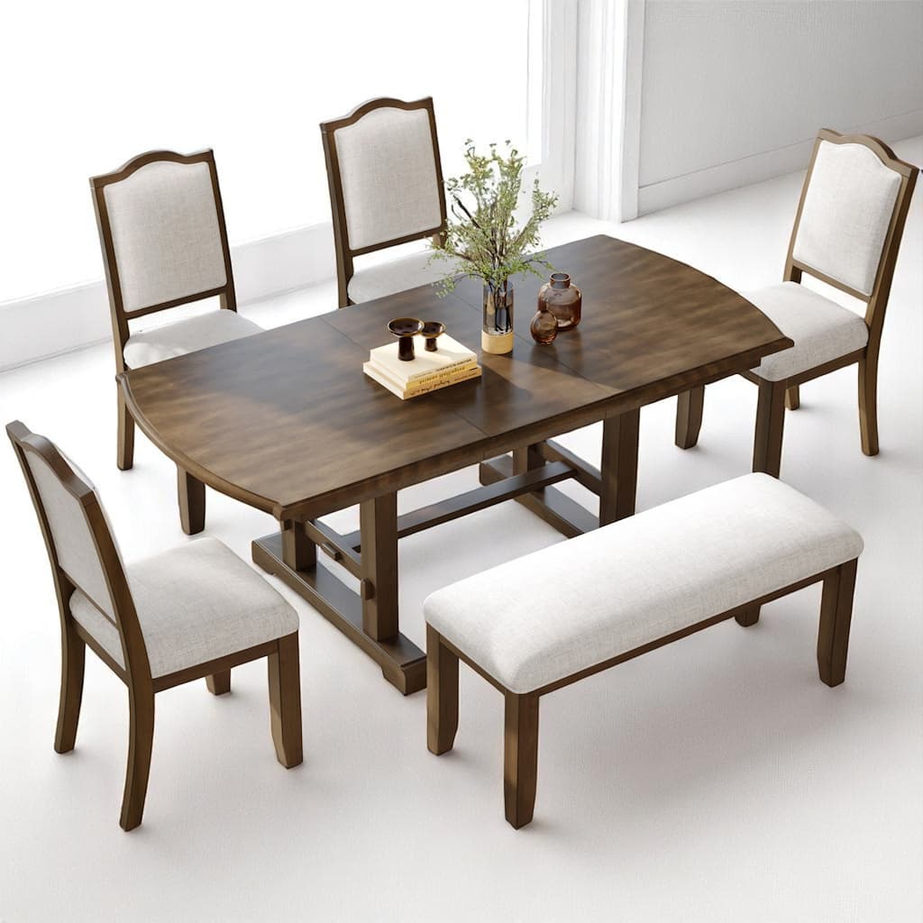 Extendable 6-Piece Dining Set with 78" Wood Table, 4 Upholstered Chairs, and Bench, Seats 6-8 Guests