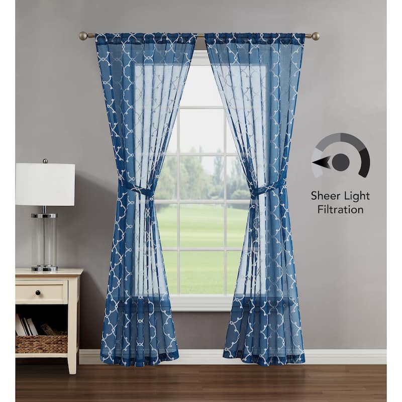 Creative Home Ideas Selena Embroidered Sheer Rod Pocket Window Curtain Panel Pair with Tiebacks - 78" x 63" - Blue